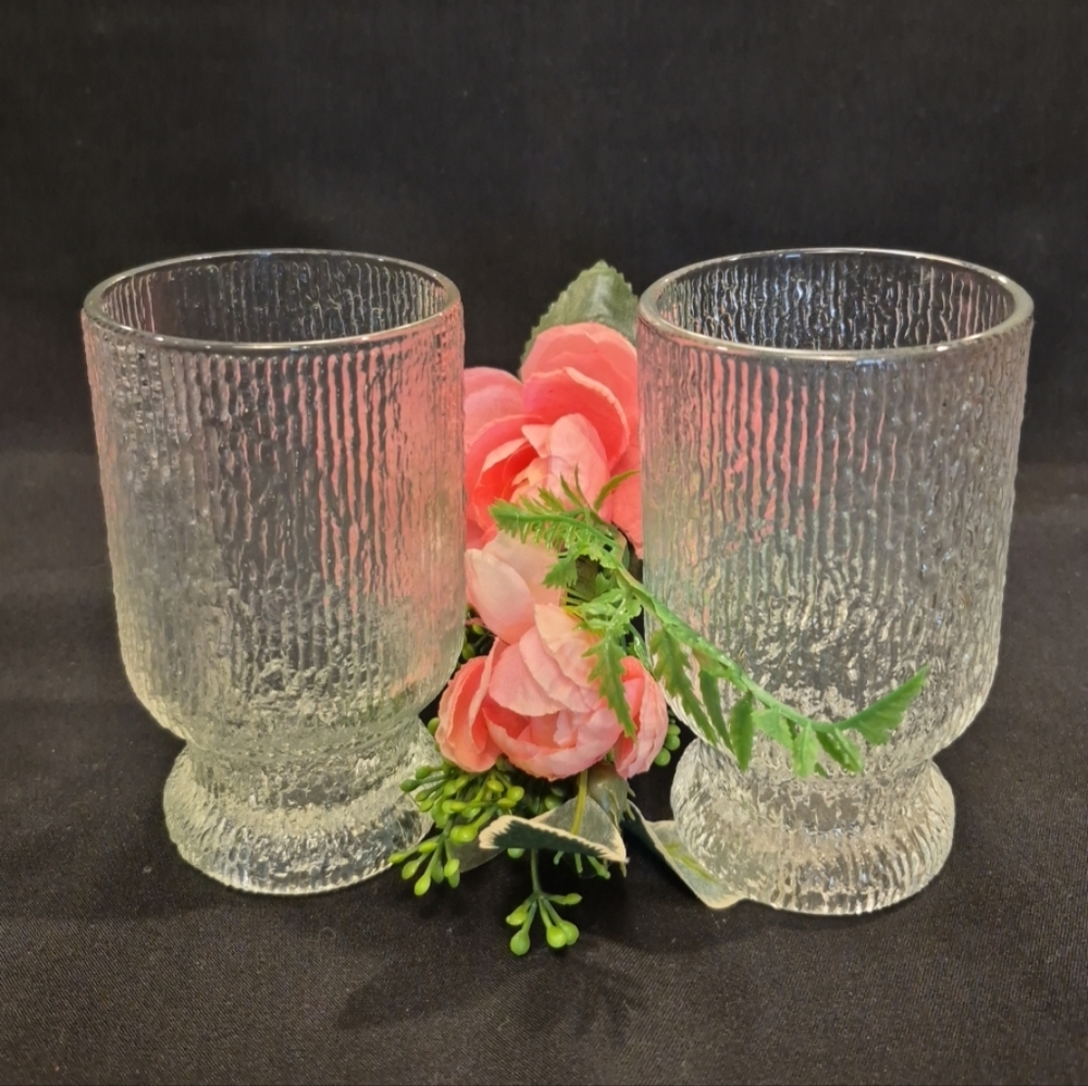 Vintage Indiana Glass Crystal Ice Tree Bark Footed Glass Tumblers ~ Set of 2